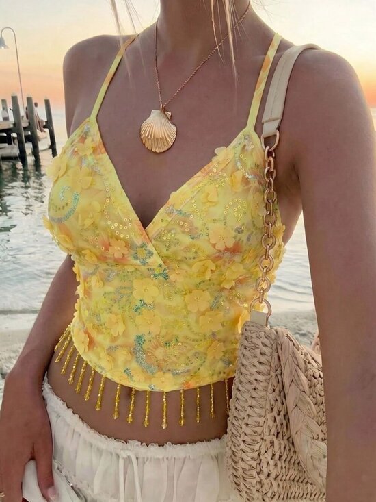 MODA ME COUTURE Tops - Yellow Boho Women's 3d Floral Decor Fringe Hem Camisole Top